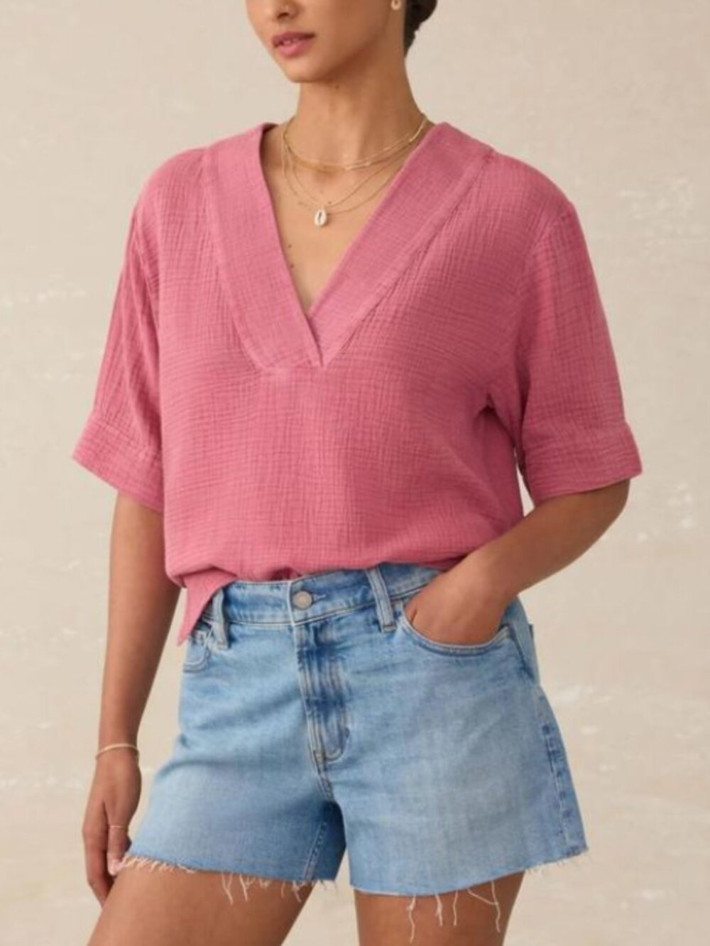Faherty Dune Organic Cotton Gauze Short-Sleeve Popover V-Neck Top Pink Sz Large